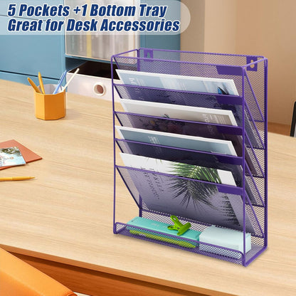 EASEPRES Desk File Organizer Mesh 6-Tier, Hanging Wall Mount Document Organization Stand, Desktop Vertical Mail Paper Folder Holder Rack with Bottom Tray for Office Home Cubicle Countertop, Black