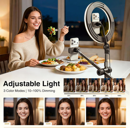 Overhead Phone Mount, Overhead Camera Mount Stand [Anti-Shaking] with 10.5" Ring Light, Desk Stand for iPhone with Ring Light for Video Recording, Zoom Meeting, YouTube, TikTok