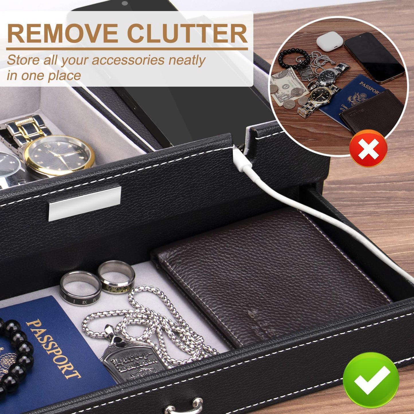 Baoyun Valet Tray for Men, 2 Layers Nightstand Organizers for Men and Women, Leather Jewelry Storage Box, Mens Dresser Top Organizer, Catch All for Jewelry Key Wallet and Phone (Brown)
