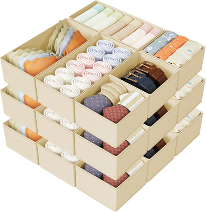 DIMJ Drawer Organizers Clothes, Dresser Organizer Bins for Baby Clothes,Underwear and Sock, Fabric Closet Organization and Storage Boxs, Drawer Dividers for Nursery, Clothing, Tie - 4 Pack, Beige