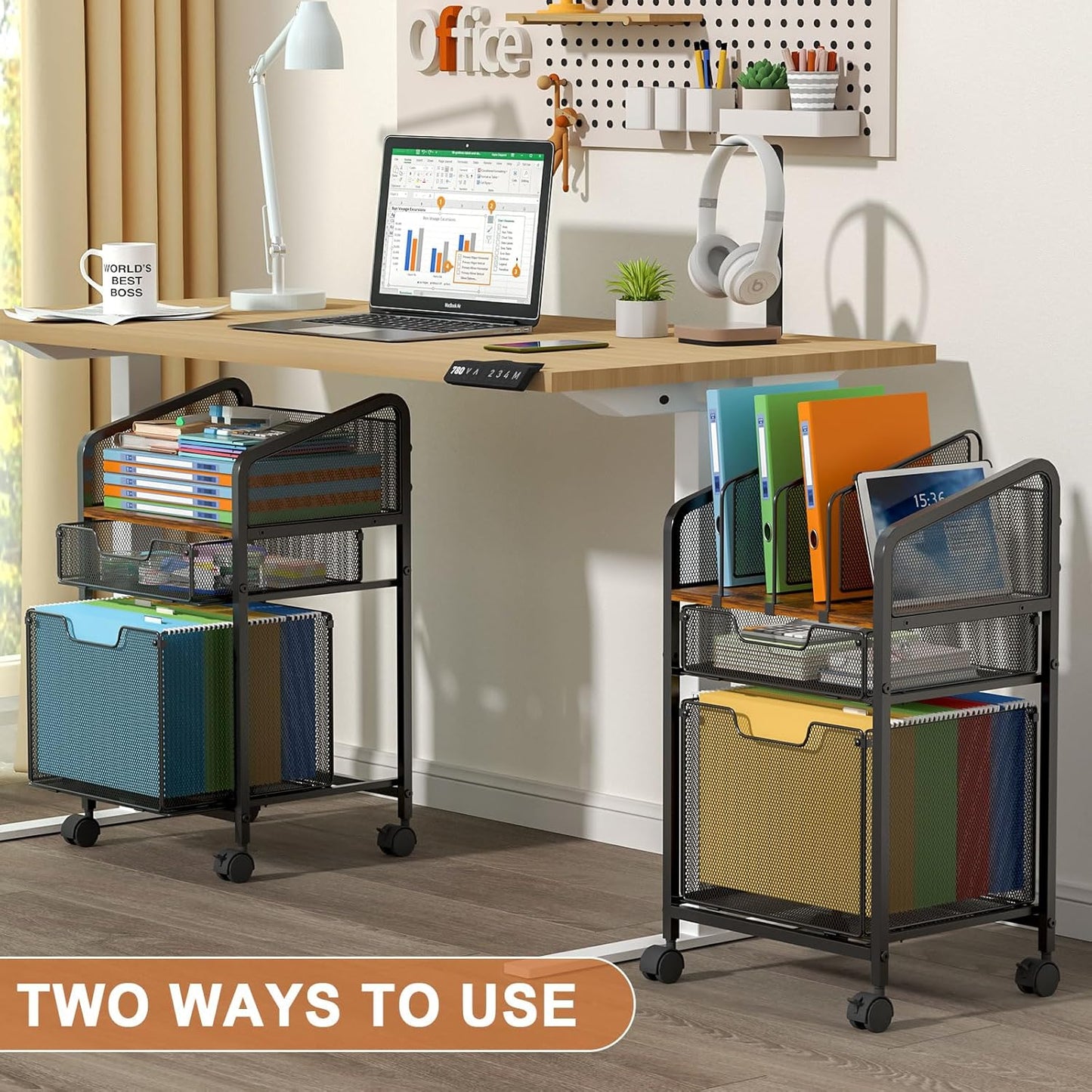 Tiaoheka Rolling File Cabinet with Adjustable Dividers, Vertical Filing Cabinet with Storage Drawer on Lockable Wheels, Hanging File Organizer Beside Under Desk for Office, Home（Patent Pending）
