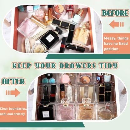 Tioncy 8 Pcs Stackable Clear Drawer Organizer Set 3" x 3" x 2" Small Makeup Vanity Storage Bins Office Desk Drawer Dividers Container Organization for Makeup Vanity Office Bathroom Kitchen Utensil