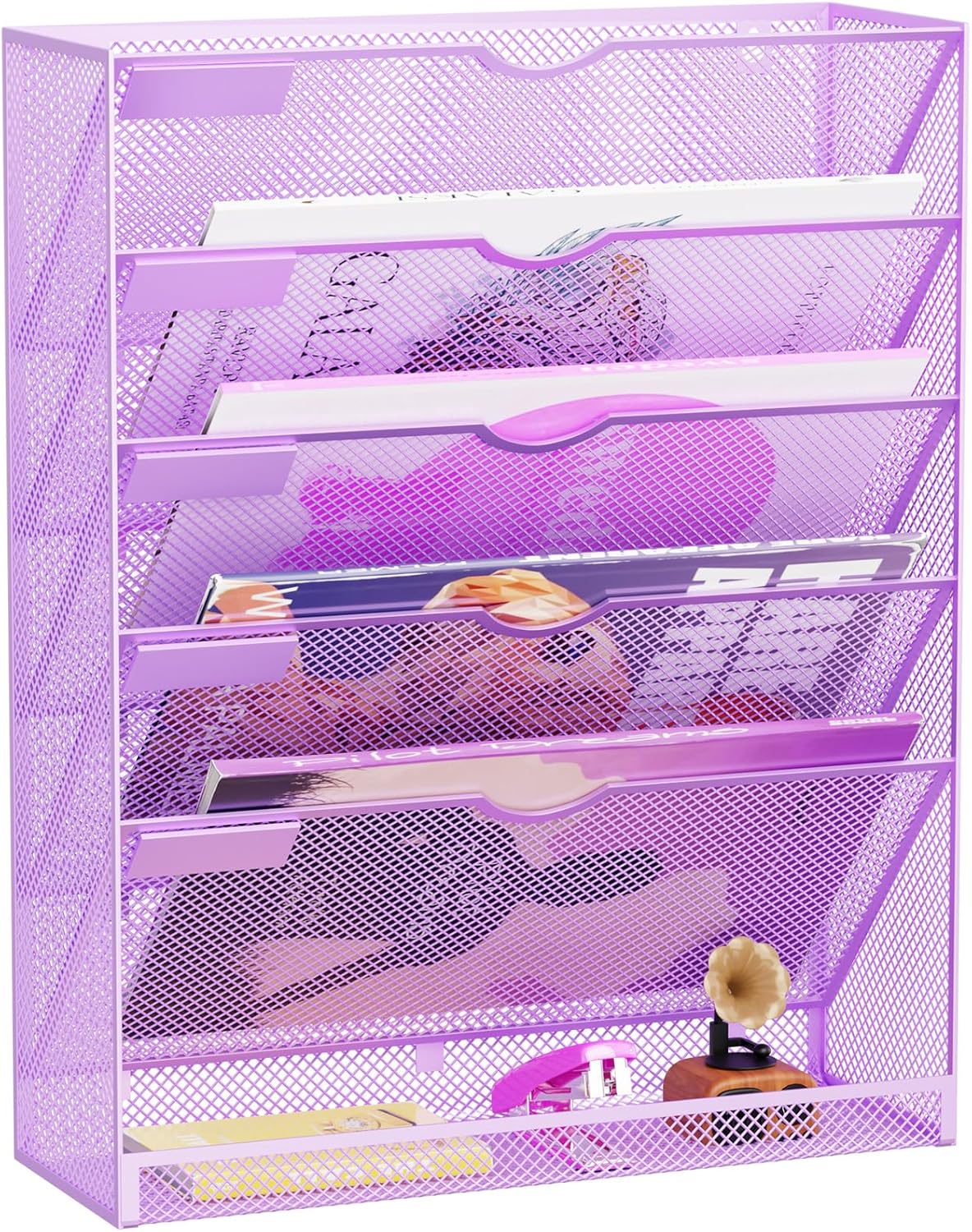 Wall File Organizer Holder Mesh Hanging Paper Document Holder,Vertical 6 Pocket Tier for Office Home, Black