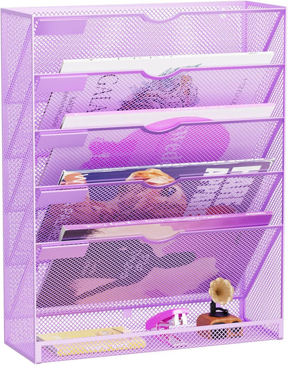 Wall File Organizer Holder Mesh Hanging Paper Document Holder,Vertical 6 Pocket Tier for Office Home, Black