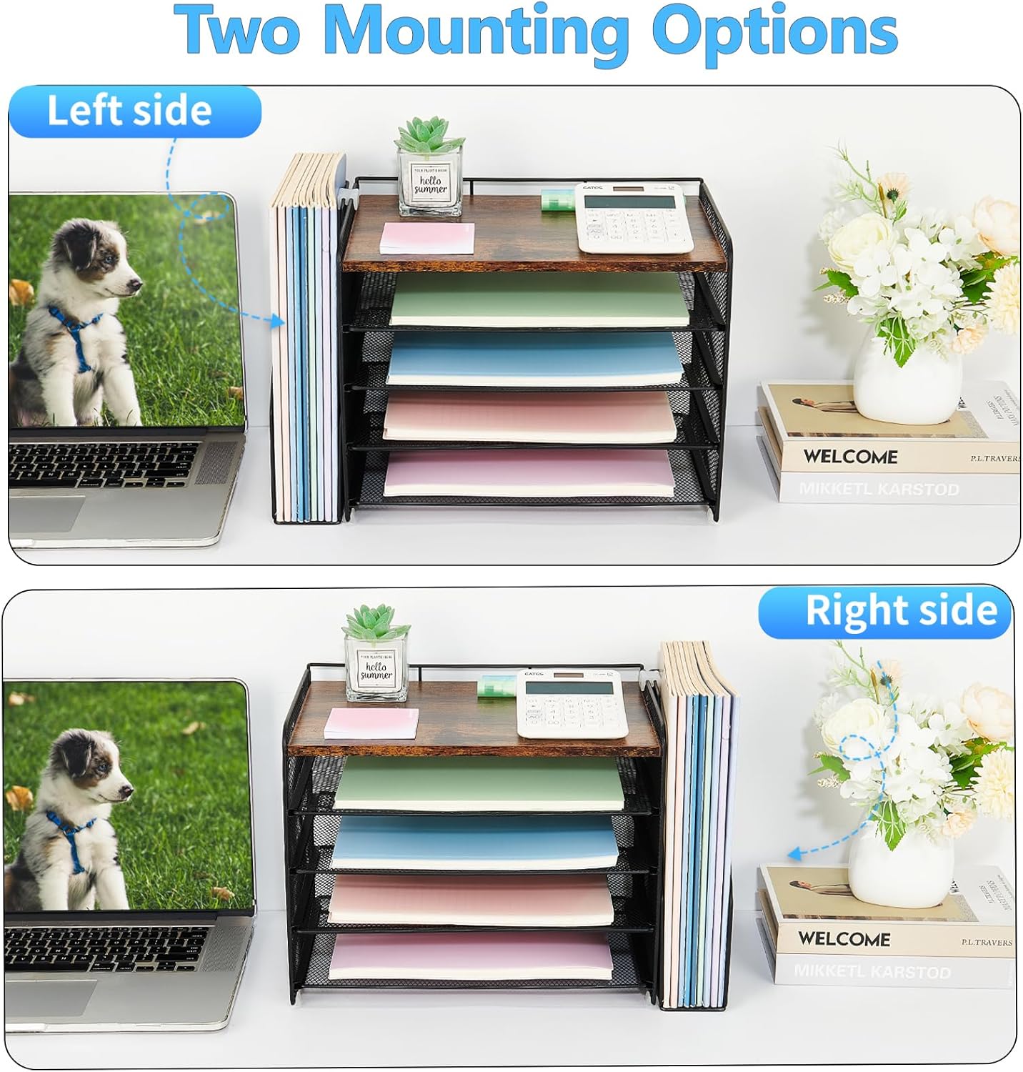 OPNICE Desk Organizer, 5-Tier Paper Organizer Letter Tray with Magazine Holder, Office Desk Accessories & Workspace Organizers, Desktop File Organizer for Office Supplies Storage, Black