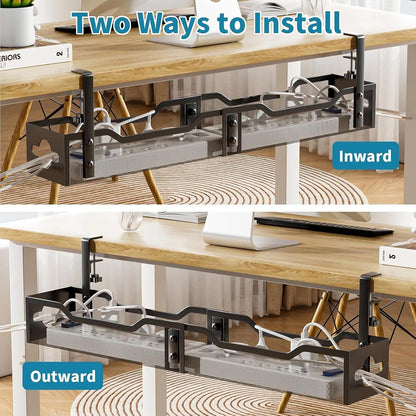 Under Desk Cable Management Tray No Drill, Metal Mesh Cable Management Under Desk with Clamp Mount, 2 Hole Cable Tray with Wire Management and Cord Organizer for Home Office Standing Desk