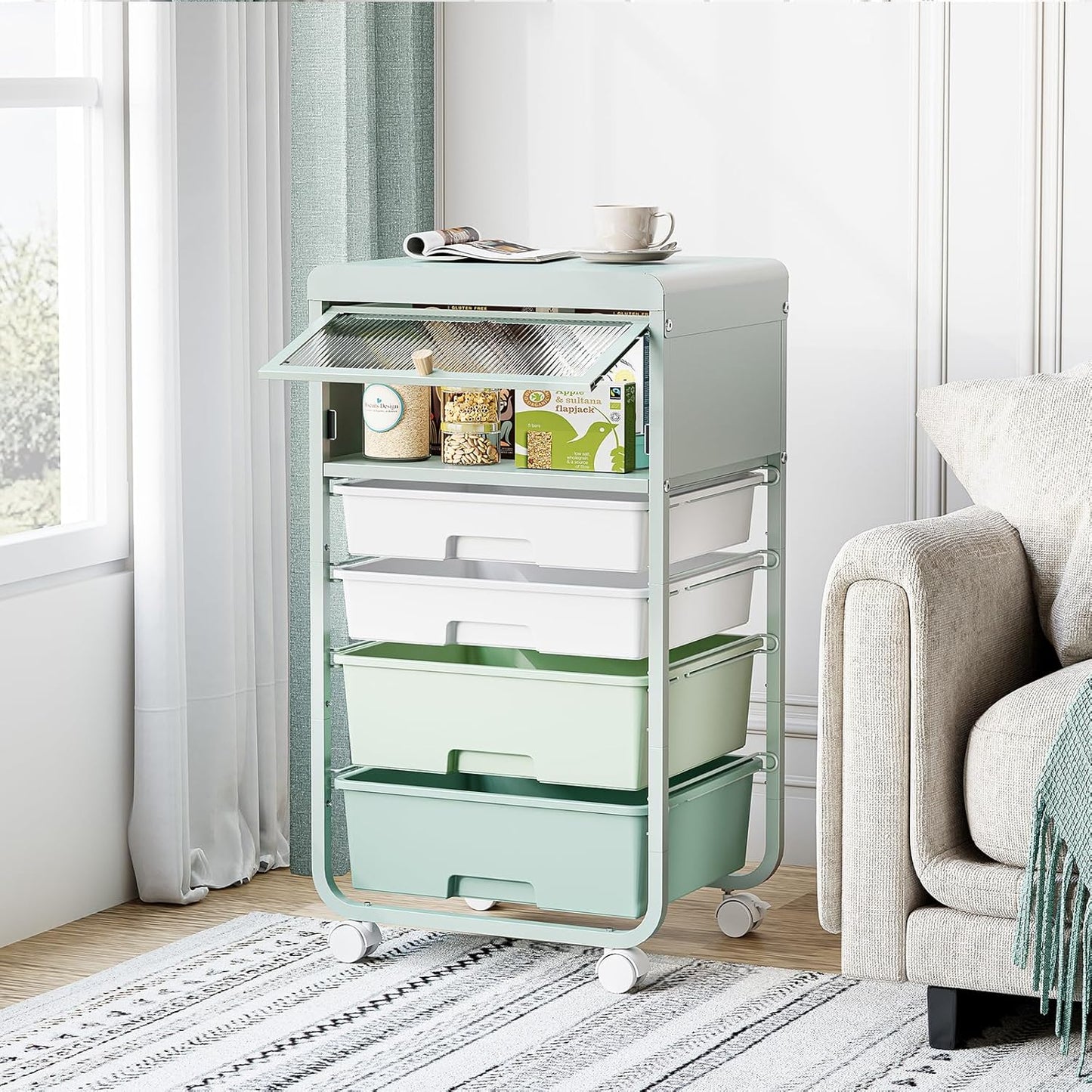 SYKIARIOL Utility-Rolling-Storage-Drawer-Craft-Cart-Organizers with 4 Drawers & Dust-proof Door for Kid Craft Art Room,Bedroom,Home Office, 4 Tiers Drawer cart, Green