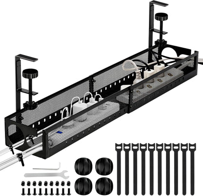 Under Desk Cable Management Tray No Drill - 25'' Large Metal Mesh Cord Organizer with Clamp Mount 2 Hole Cable Organizer Tray with Wire Management for Home Office Standing Desk