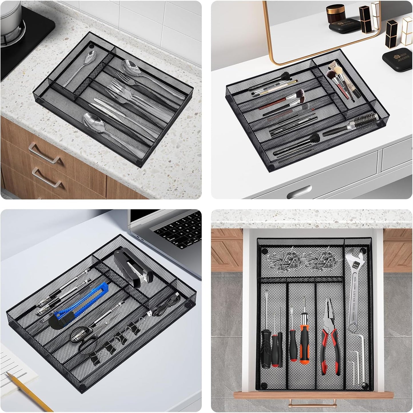 Neudeco Drawer Organizer Set 6 Pack - 5-Compartment Silverware Organizer Tray + 5 Utensil Trays, Kitchen Drawer Organizer for Flatware, Cutlery, Office Supplies, Black Mesh, Non-Slip.