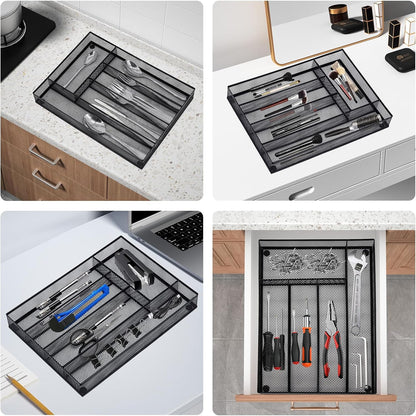 Neudeco Drawer Organizer Set 6 Pack - 5-Compartment Silverware Organizer Tray + 5 Utensil Trays, Kitchen Drawer Organizer for Flatware, Cutlery, Office Supplies, Black Mesh, Non-Slip.