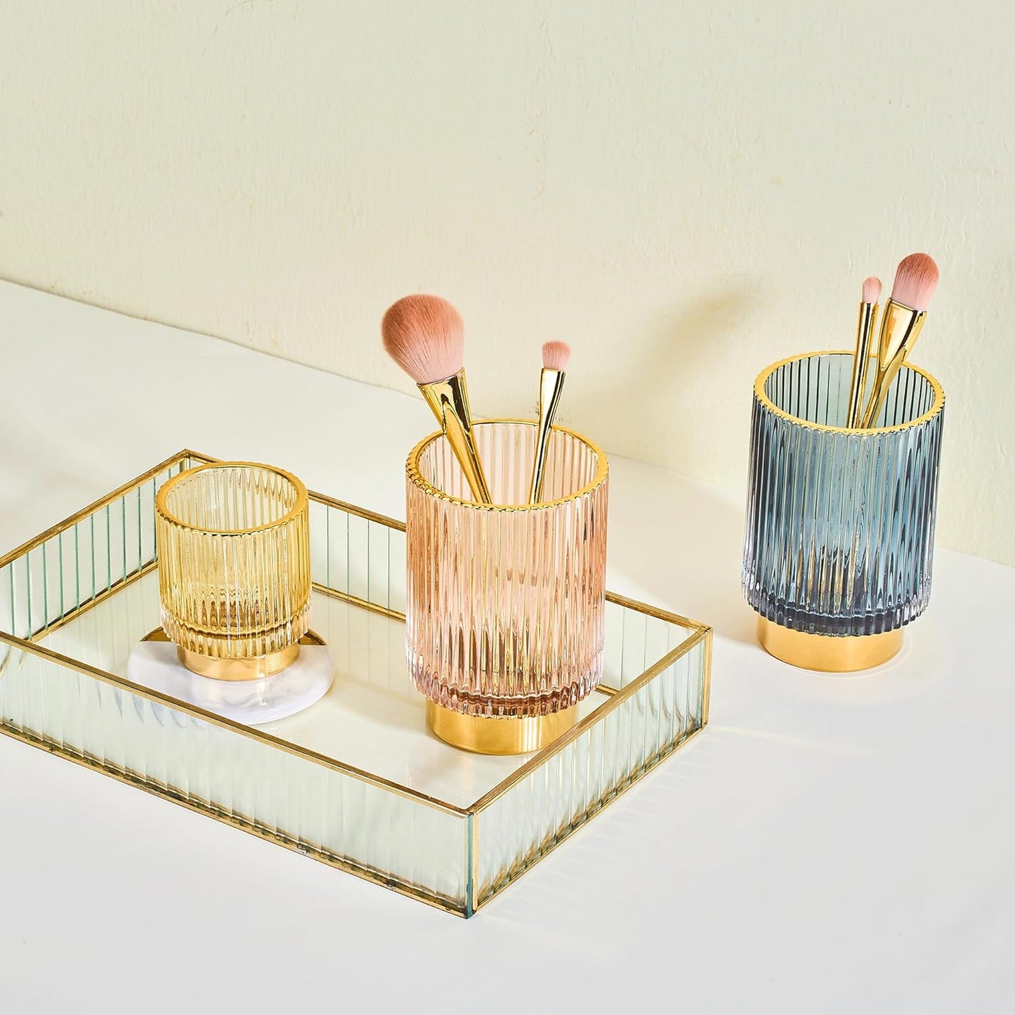 Makeup Brush Holder Organizer,Toothbrush Holders,Desk Pen Pencil Holder,Multifunctional Vintage Glass Brush Cup（L/Green/A3-6-US）