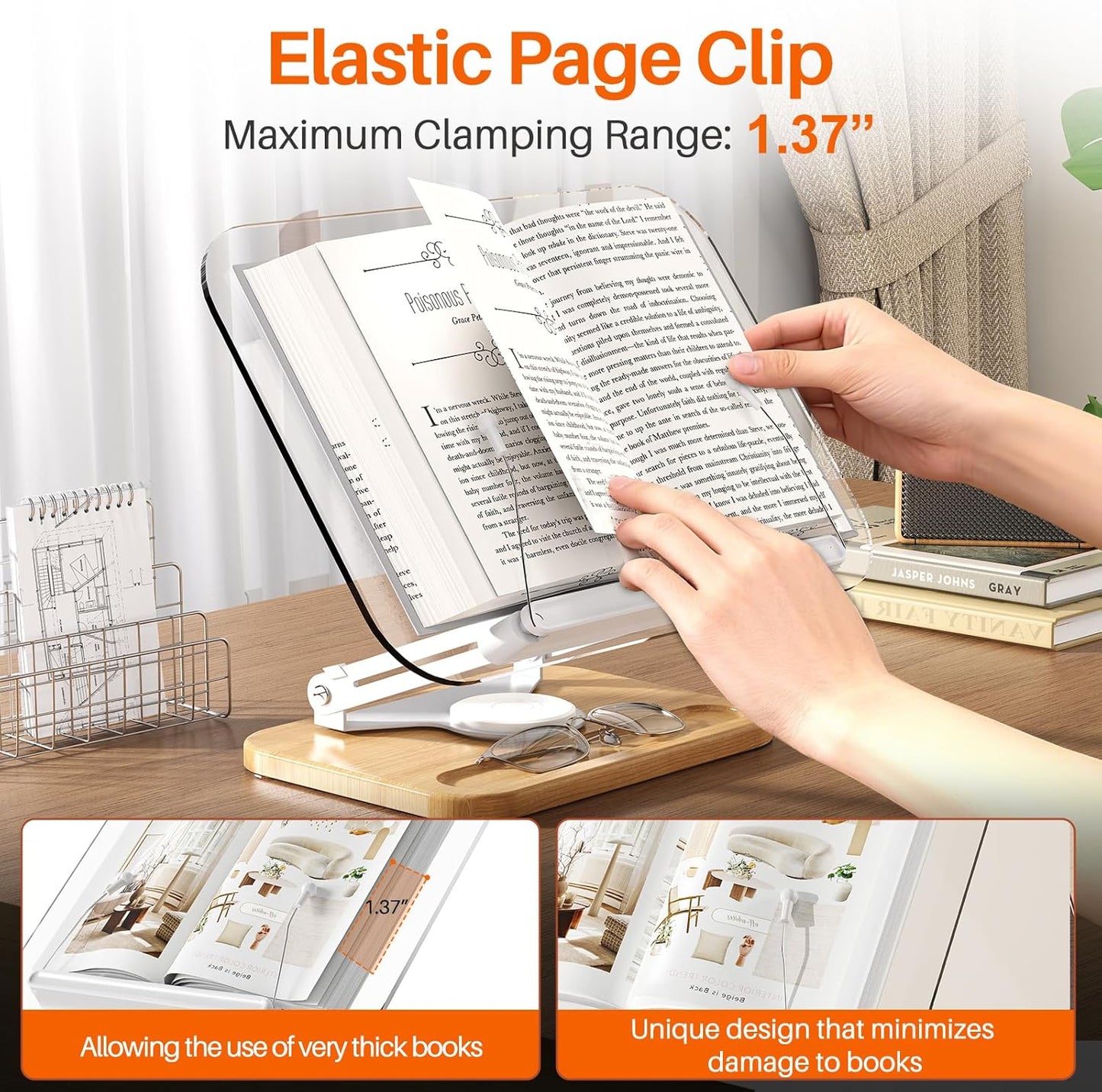 BYMECOST Acrylic Book Stand for Reading, Adjustable Book Holder with 360° Rotating Base & Elastic Page Clips, Foldable Desktop Riser Stand for Cookbook,Laptop,Tablet,Music Scores,Recipe,Textbook