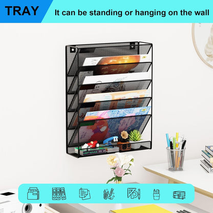 Wall File Organizer Holder Mesh Hanging Paper Document Holder,Vertical 6 Pocket Tier for Office Home, Black
