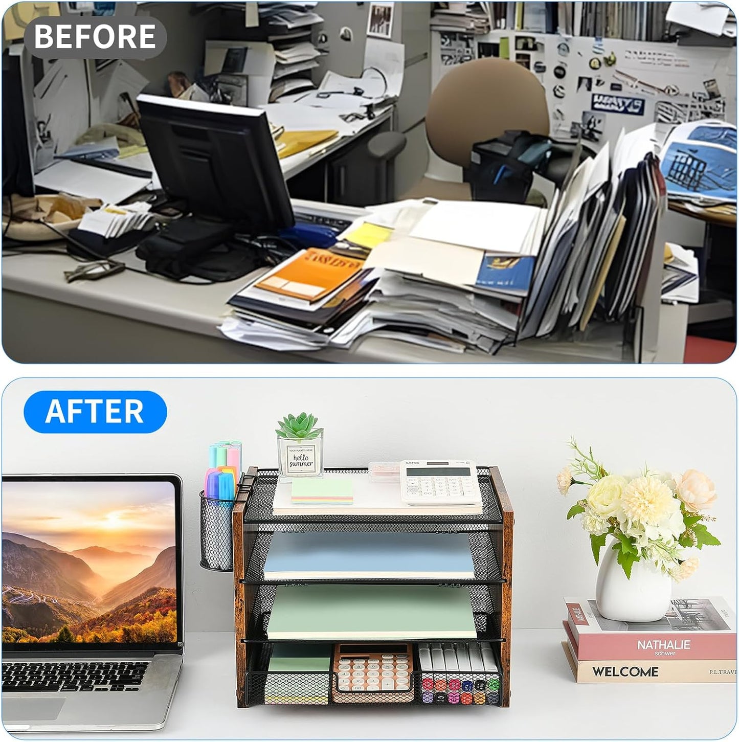 OPNICE Desk Organizers and Accessories, 4-Tier Office Desk Accessories & Workspace Organizers with Drawer and Pen Holder, Desktop Paper Tray File Organizer for Home Office Supplies, Gold