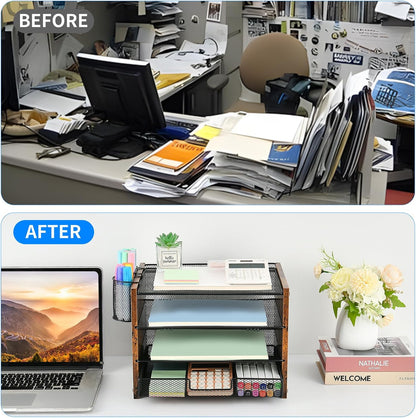 OPNICE Desk Organizers and Accessories, 4-Tier Office Desk Accessories & Workspace Organizers with Drawer and Pen Holder, Desktop Paper Tray File Organizer for Home Office Supplies, Gold