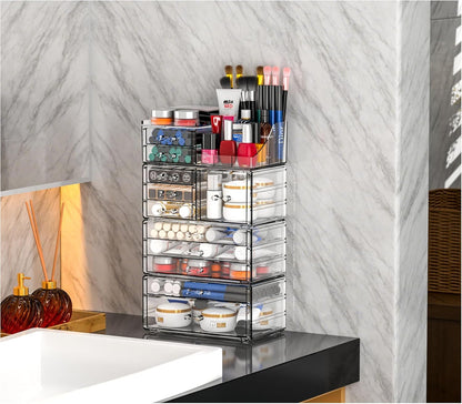 Acrylic Clear Makeup Organizer Countertop,Stackable Skincare Organizer for Vanity With 8 Drawers,Large Plastic Desk Accessories Organization,Bathroom Cosmetic Organizer Countertop for Beauty,Skin Care