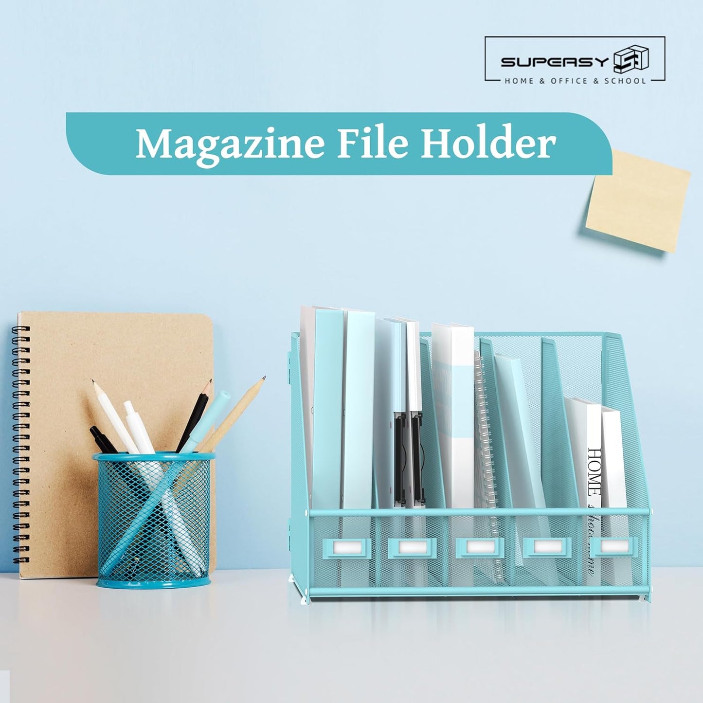 SUPEASY Desk Organizers Metal Desk Magazine File Holder with 5 Vertical Compartments Rack File Organizer for Office Desktop, Classroom, Home Workspace, Black