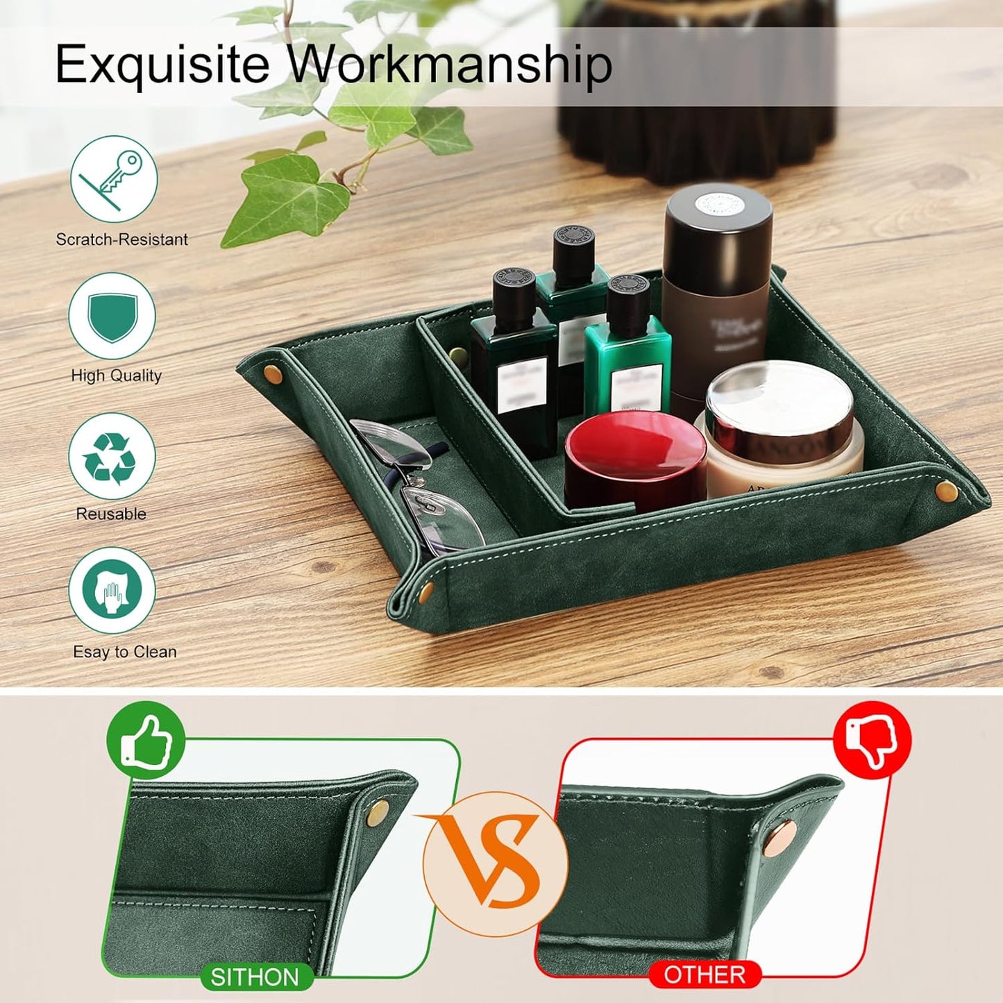 SITHON Valet Tray Desktop Storage Organizer, Removable 2 Compartments Catchall Tray Bedside Vanity Nightstand Caddy Holder Desk Storage Plate, Valentine's Day Gift, Brown