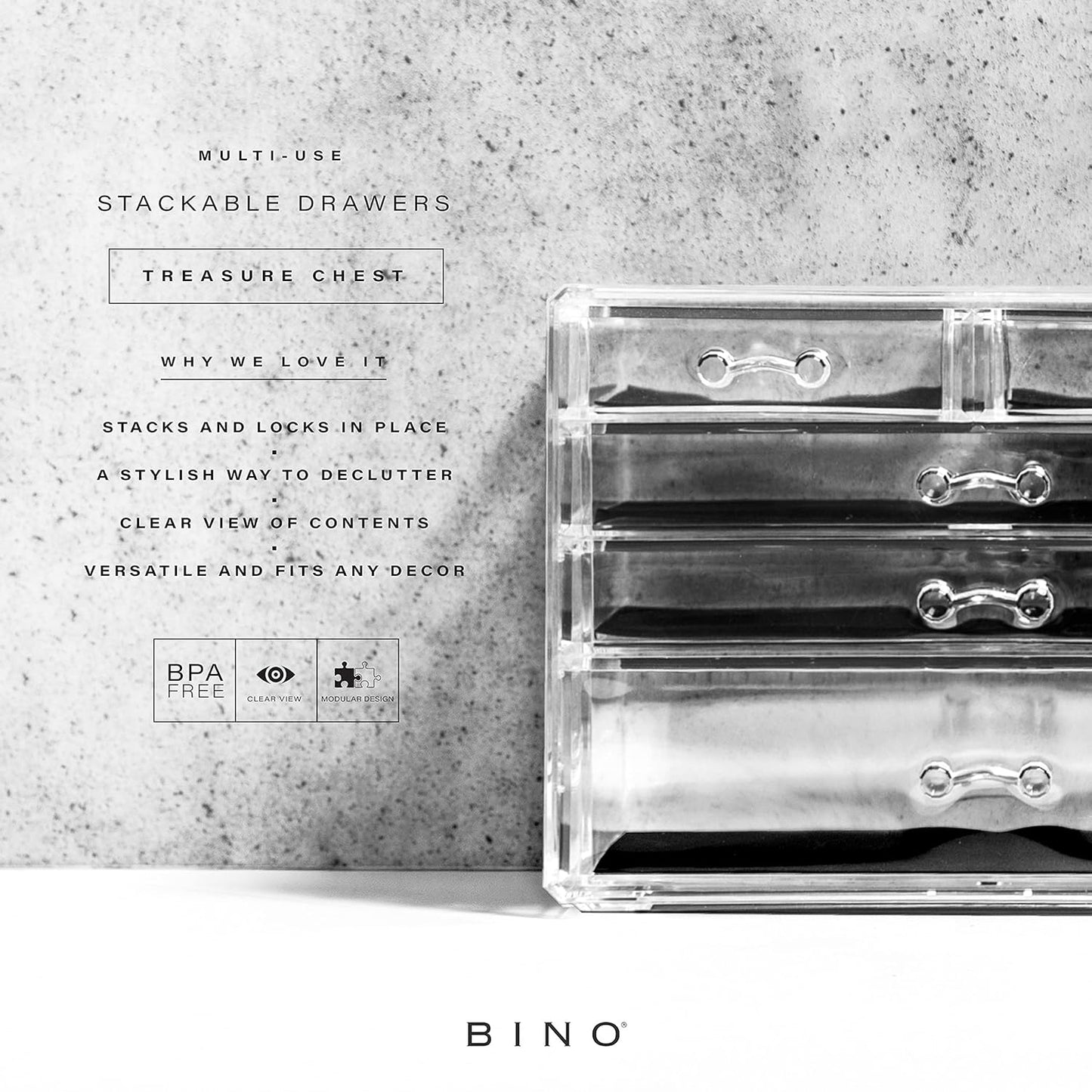 BINO THE MANHATTAN SERIES Acrylic Makeup Drawer Organizer- 3 Drawer Small | Clear Beauty Organizers and Storage| Cosmetic & Makeup Drawer| Home Organization| Jewelry & Vanity Accessories Drawer