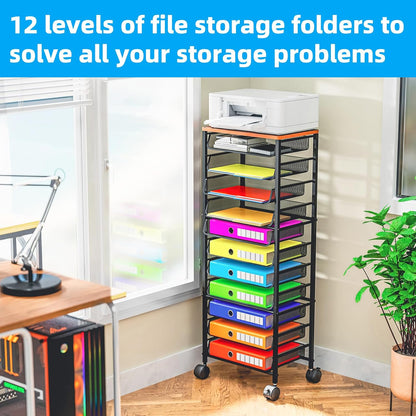 Simple Trending 12 Tier Rolling File Cart,Wood Desk File Organizer with Sliding Trays and Wetal Mesh Paper Letter Storage Multi-Functional Rolling Clutter Cart for Office, Home, School, Black