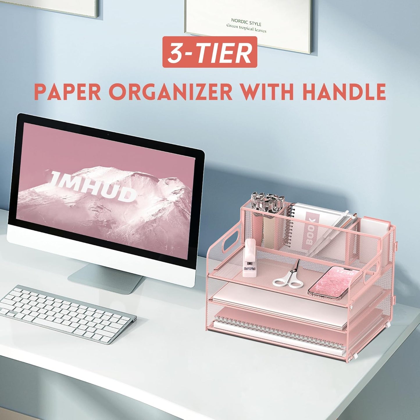 3 Tier Desk File Organizer with Pen Holder, Mesh Paper Tray File Organizer for Desk, Fold Holder with Handle for Office, Classroom, Home, Workspace(Black)