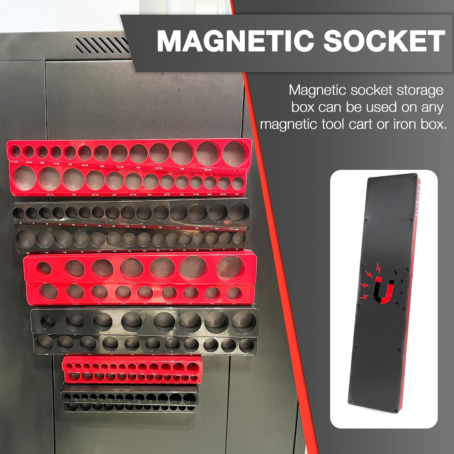 EACELIY 6-Piece Magnetic Socket Organizer Set, 1/2", 1/4" and 3/8" SAE & Metric Deep & Shallow Socket Holder Kit, holds 141 stanard Sockets, attaches to steel box/tool cart (sockets not included)