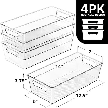 Simple Houseware 4 Pcs Kitchen Clear Bin Storage Organizer, 15" x 8" x 3.75"