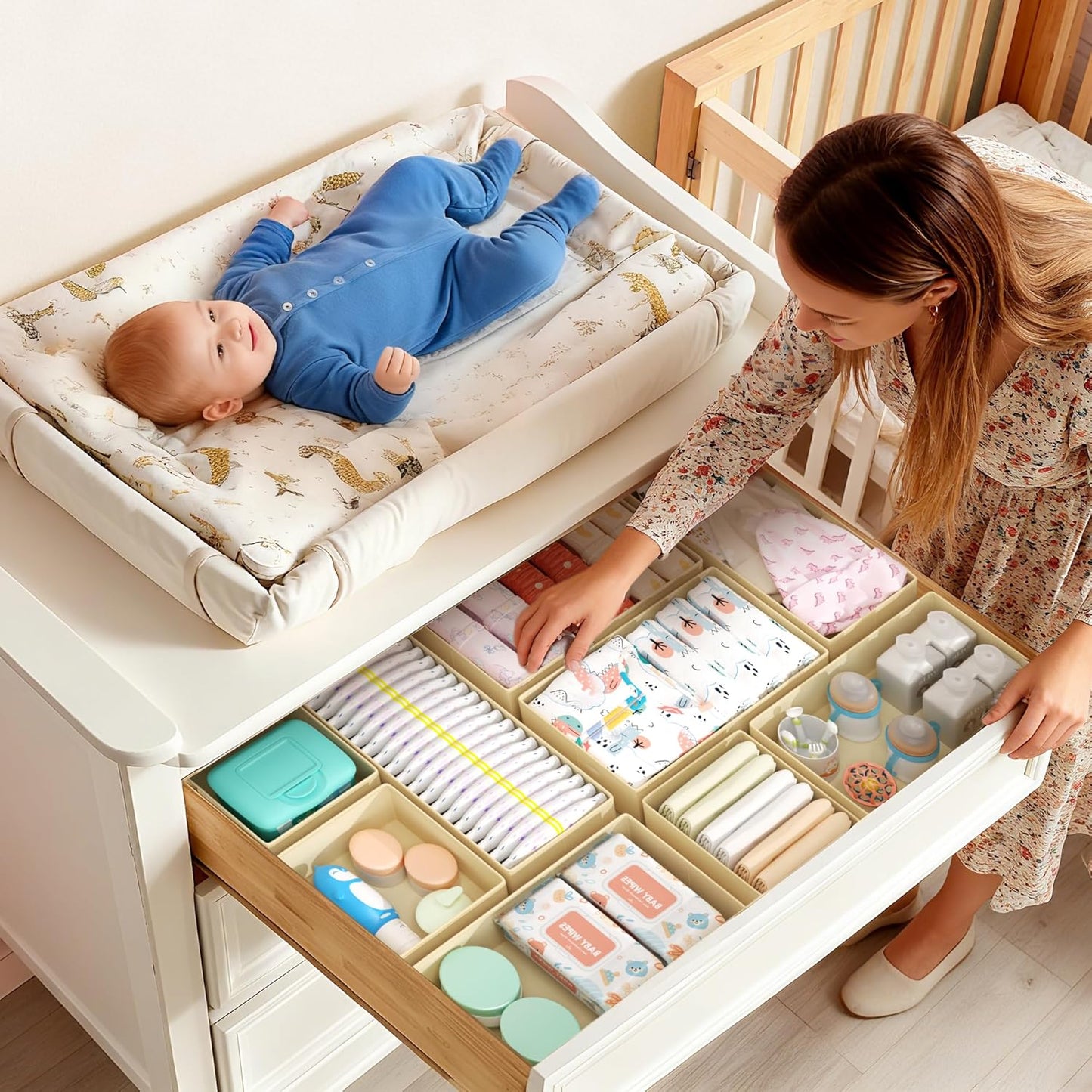 DIMJ Drawer Organizers Clothes, Dresser Organizer Bins for Baby Clothes,Underwear and Sock, Fabric Closet Organization and Storage Boxs, Drawer Dividers for Nursery, Clothing, Tie - 4 Pack, Beige
