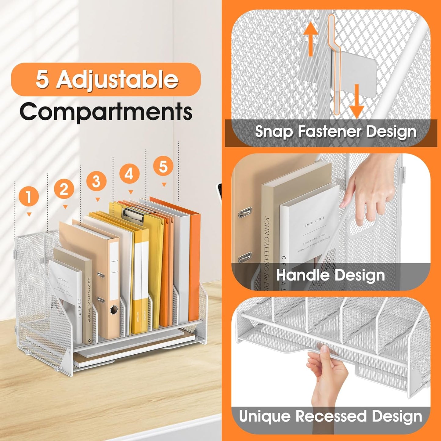 Desk File Folder Holder Organizer-5 Vertical Compartments Racks and Paper Letter Tray,Mesh Magazine File Holder Sorter,Desktop Accessories & Workspace Organizers for Home,Office,School-Black