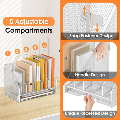Desk File Folder Holder Organizer-5 Vertical Compartments Racks and Paper Letter Tray,Mesh Magazine File Holder Sorter,Desktop Accessories & Workspace Organizers for Home,Office,School-Black