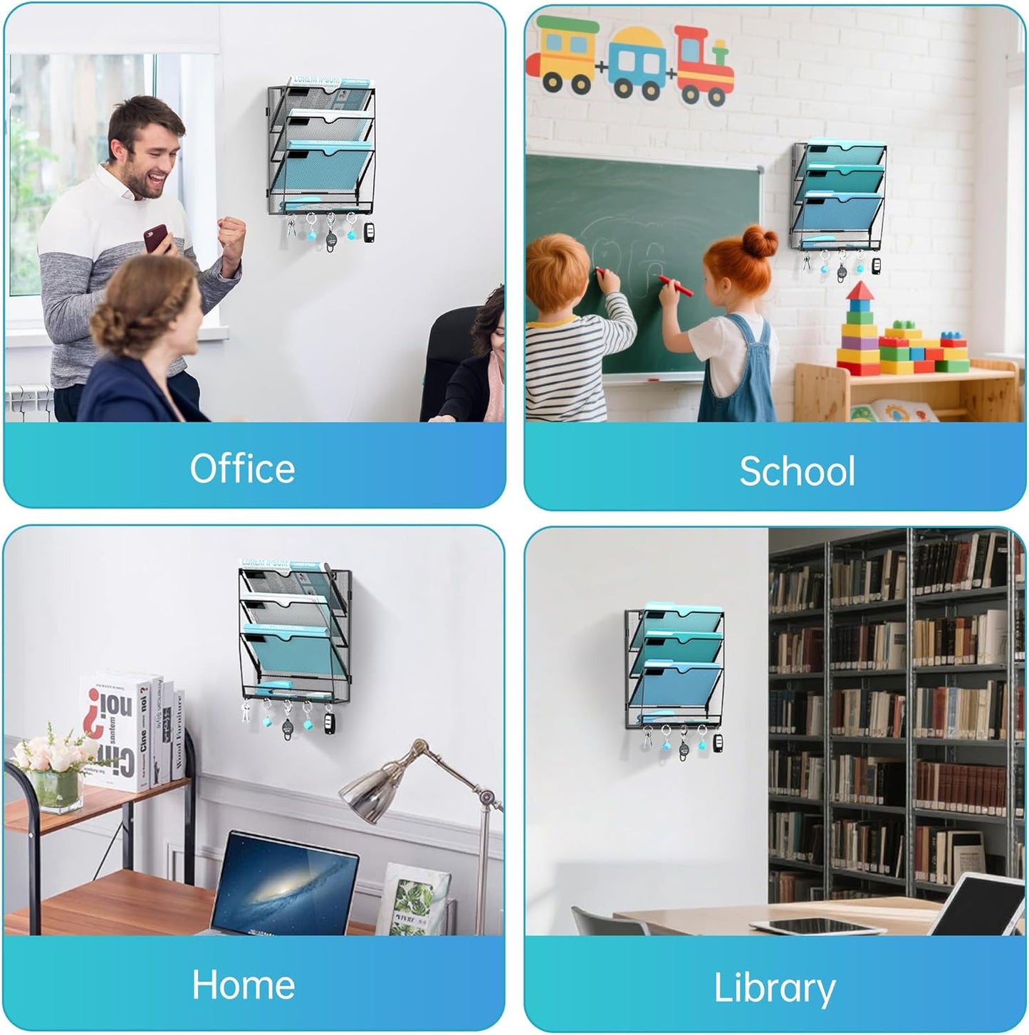 5 Tier Wall File Organizer - Hanging File Organizer with 5 Hooks, Mail Holder Wall Mounted for Papers, Folders, Magazines, Bills, Office&School Organization, Black