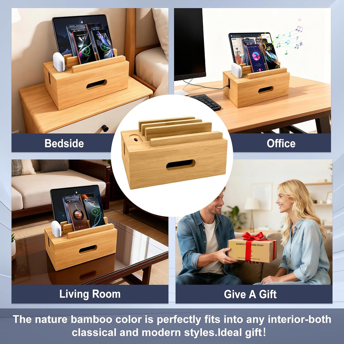 Bamboo Charging Station for Multiple Devices, Cable Management Box for Power Strip, USB Charger & USB Charging Hub/Station, Wood Docking Station Desktop Organizer Bedside Table Organizer