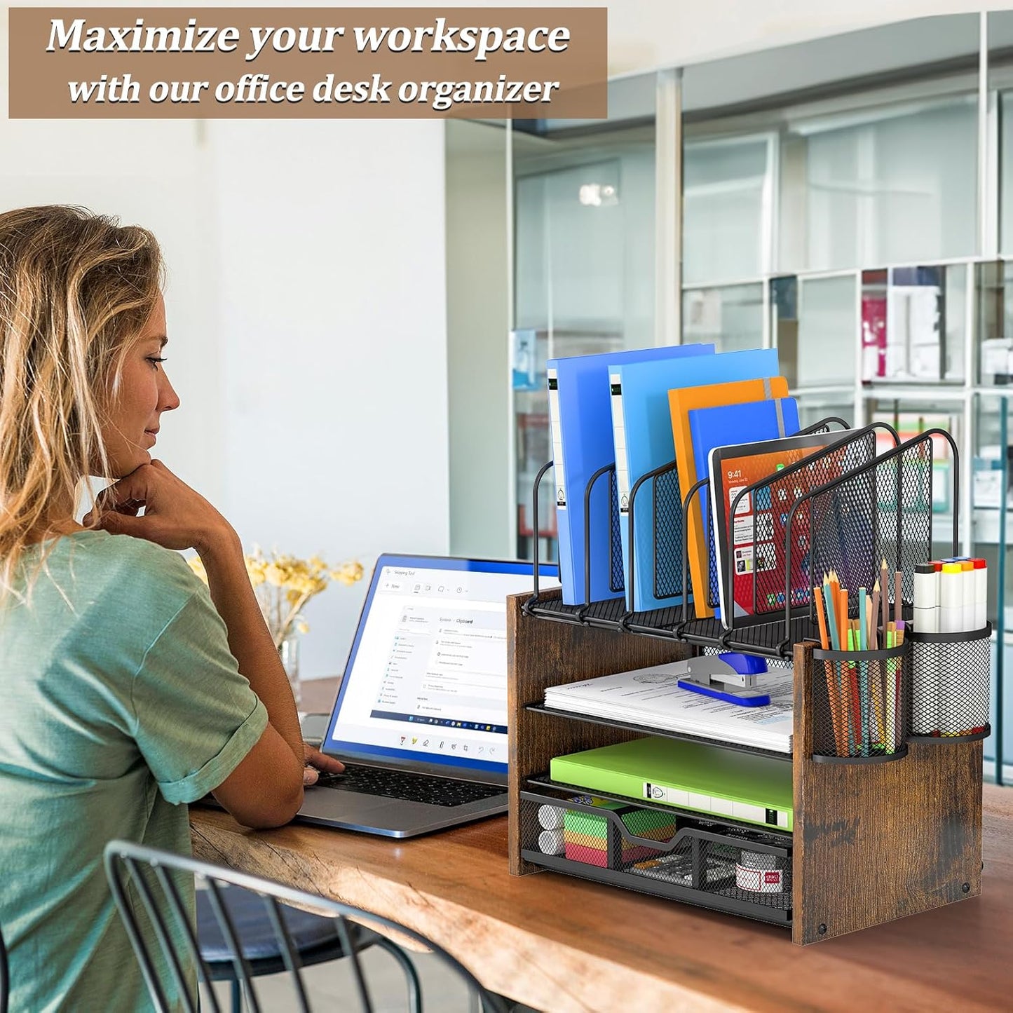 4-Tier Desk Organizer, Desk File Organizer with 5 Vertical File Holders, Office Desktop Organizer with 3 Level Paper Organizer Letter Tray, Wooden Desk Organizers and Accessories for Home Office