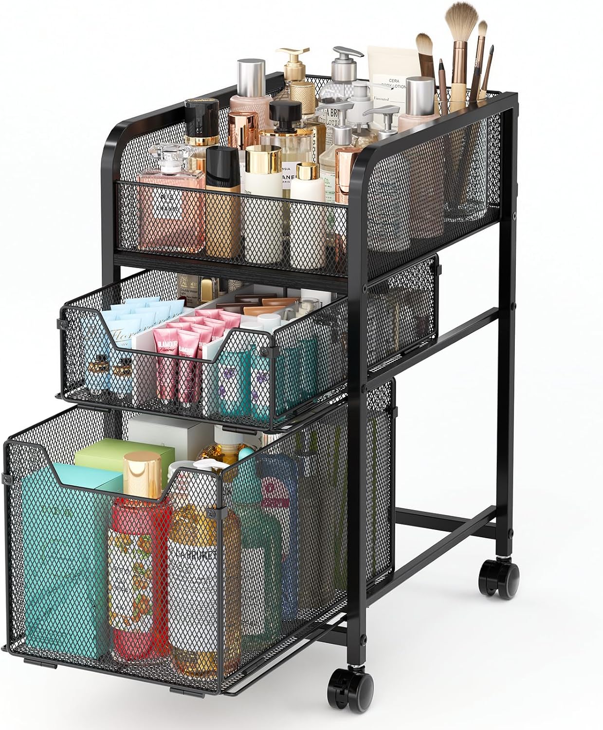 Hongtamoya Rolling Makeup Cart Organizer with 2 Drawers, Narrow Floor Skincare Organizers, Vanity Organizer Cosmetics Display Cases Holder for Skin Care Nail Polish Perfume Makeup Brush, White