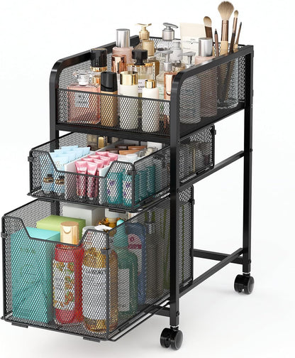 Hongtamoya Rolling Makeup Cart Organizer with 2 Drawers, Narrow Floor Skincare Organizers, Vanity Organizer Cosmetics Display Cases Holder for Skin Care Nail Polish Perfume Makeup Brush, White