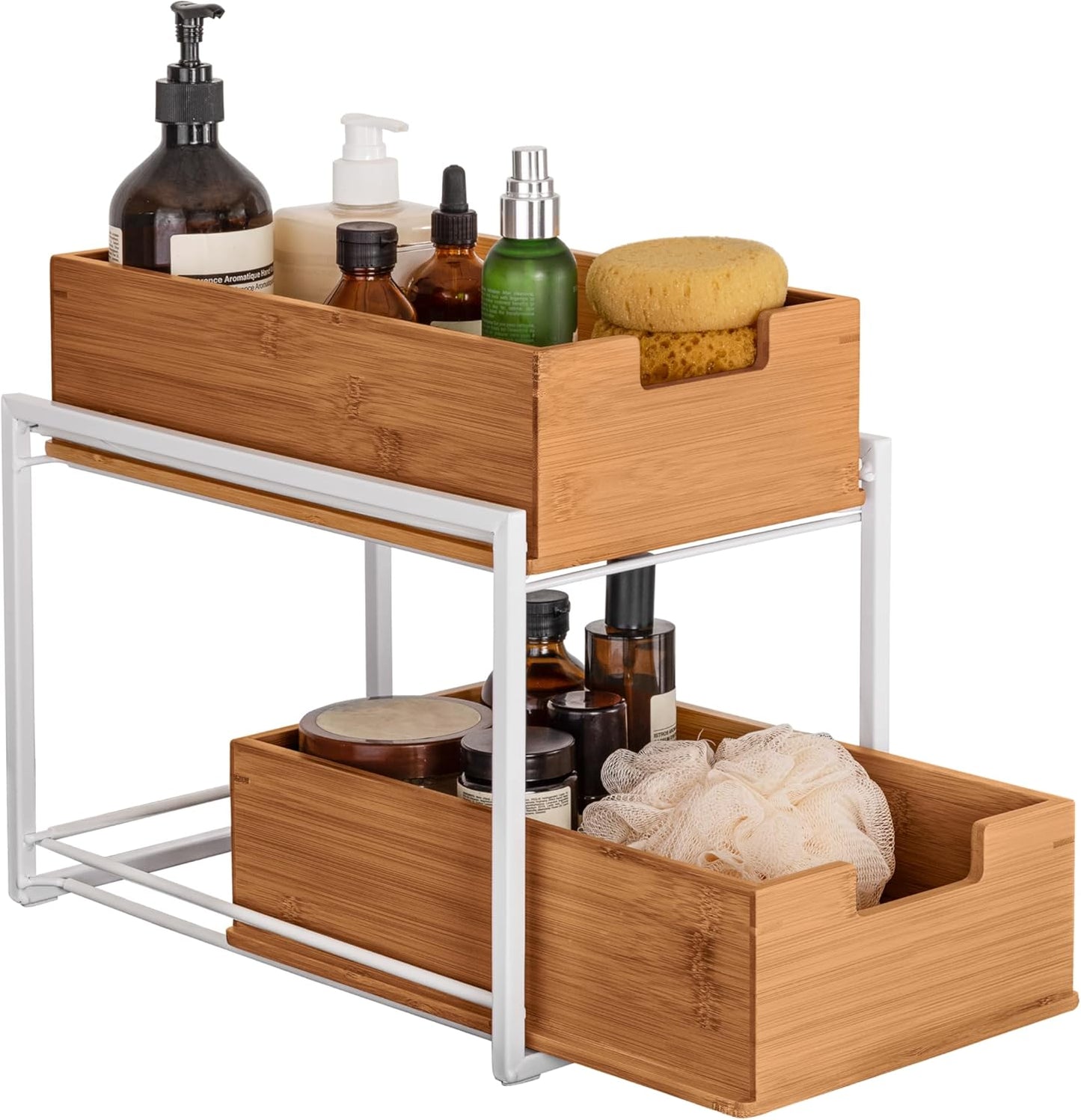 Seville Classics Bamboo Premium Organizer Storage Bins for Kitchen Silverware, Pantry, Closet, Office Desk, Pens, Utensils, Makeup, K Cup, Bamboo, Bag Holder Bin Set (4 Piece)