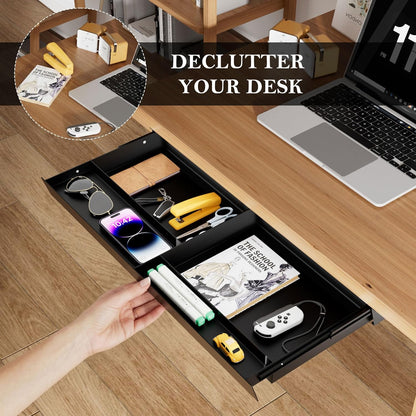 Under Desk Drawer 28.3" Wide, 60° Ergonomic Tilt Organizer with Multi-Compartment – Ball Bearing Slides, Fully Assembled, Under Desk Storage for Home Office Supplies