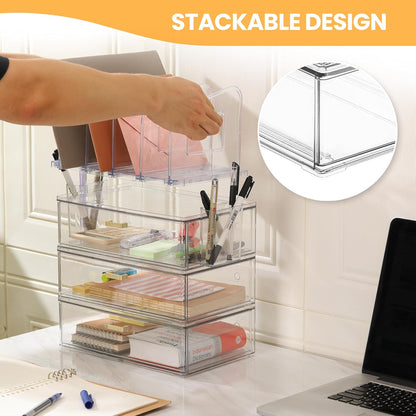 LALOBLUE Acrylic Desk Organizer with Drawer and Vertical File Holder, Desk Organizers and Accessories, Multi-Functional Office Supplies Organizer for Home or Work Desk, White