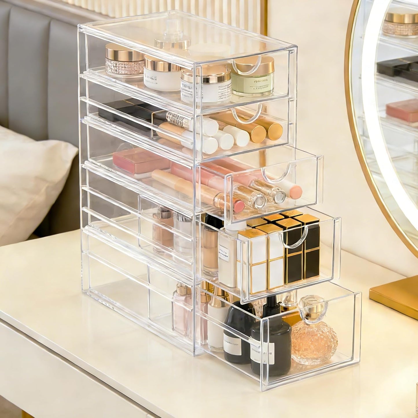 Prsildan Acrylic Makeup Organizer, 2 Pack Stackable Storage Drawers with 6 Drawers for Office Desk Vanity Craft Room Clear Drawer Organizers for Hair Accessories Art Supplies Cosmetics Modular System