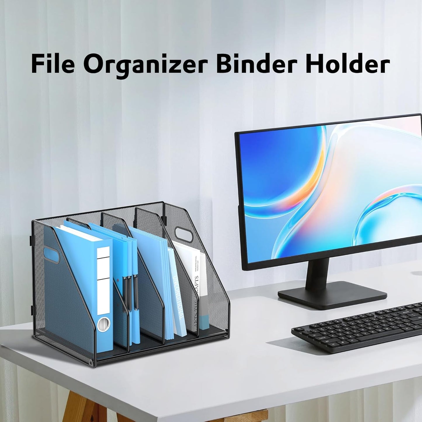 SUPEASY Binder Organizer, Magazine File Holder with 5 Vertical Compartments Rack, Metal Desk File Organizer & Binder Holders, Magazine Organizers for Office Desktop, Home, School, Classroom (Black)