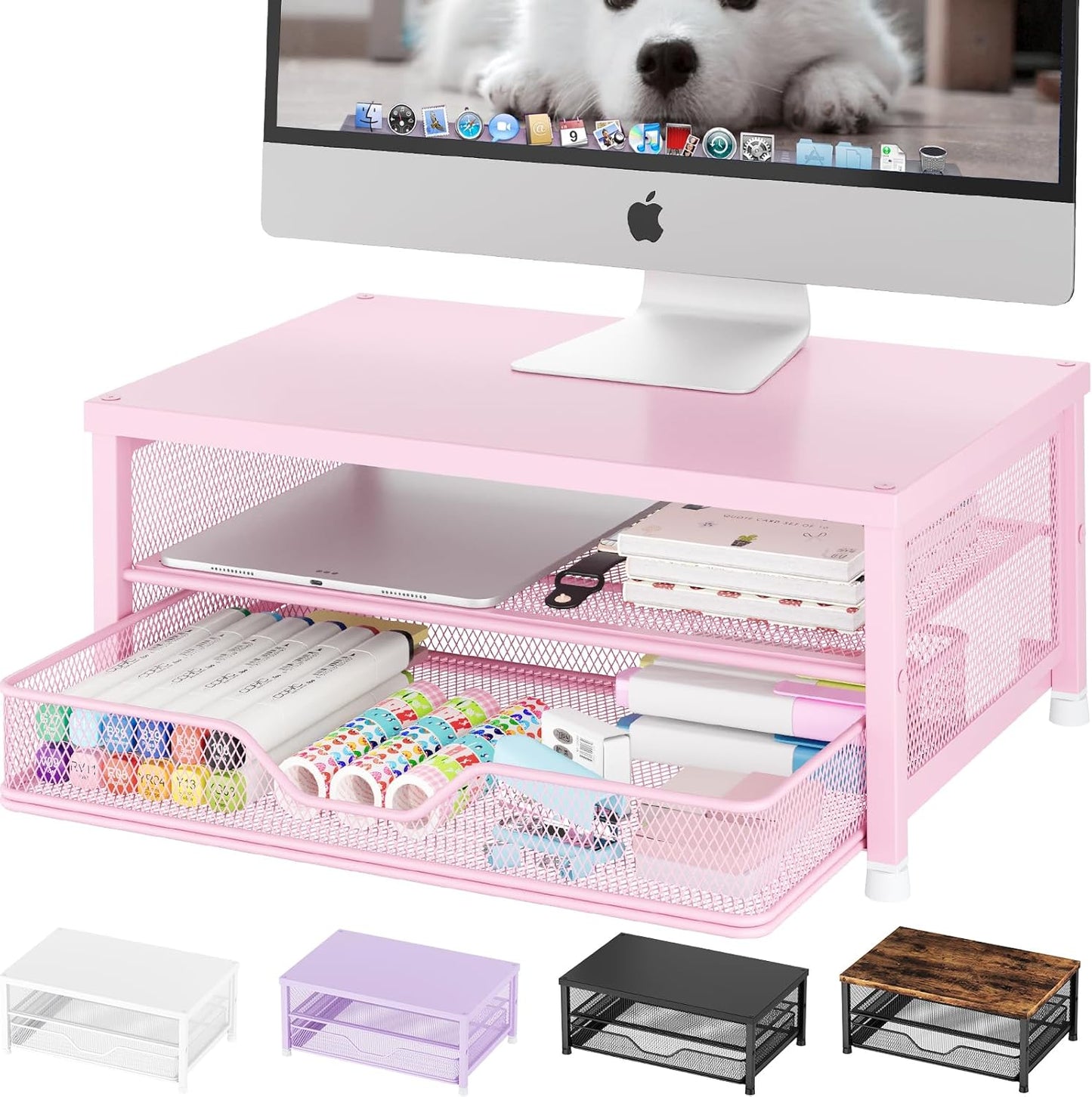 OPNICE Computer Monitor Stand Riser, Desk Organizer with Drawer, Printer & Laptop Stand, Office Desk Accessories & Workspace Desktop Organizers Storage for Office Supplies(Brown)