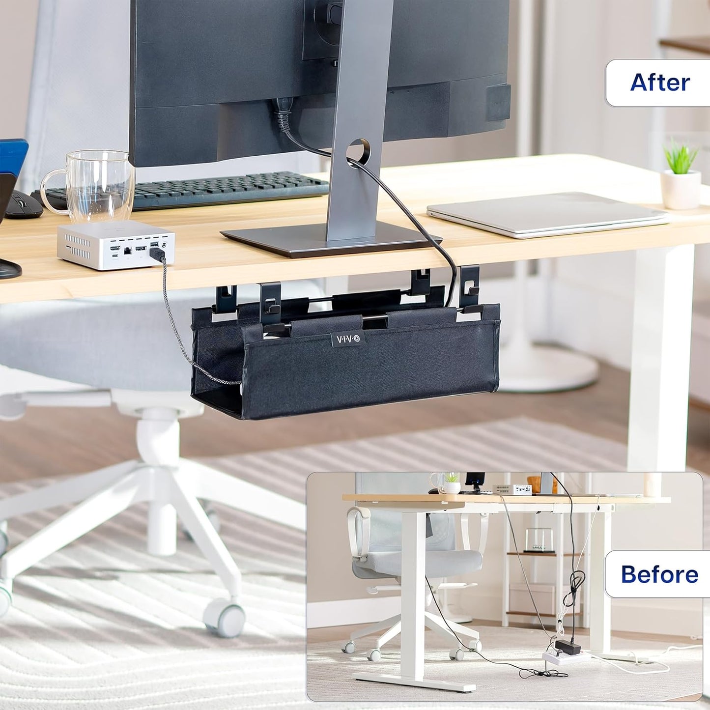 VIVO Screw-on Under Desk 47 inch Fabric Cable Management Tray, Wire Concealer, Power Strip Storage, Workspace Organization, Easy Fold Down Access, Black, DESK-AC47F-S