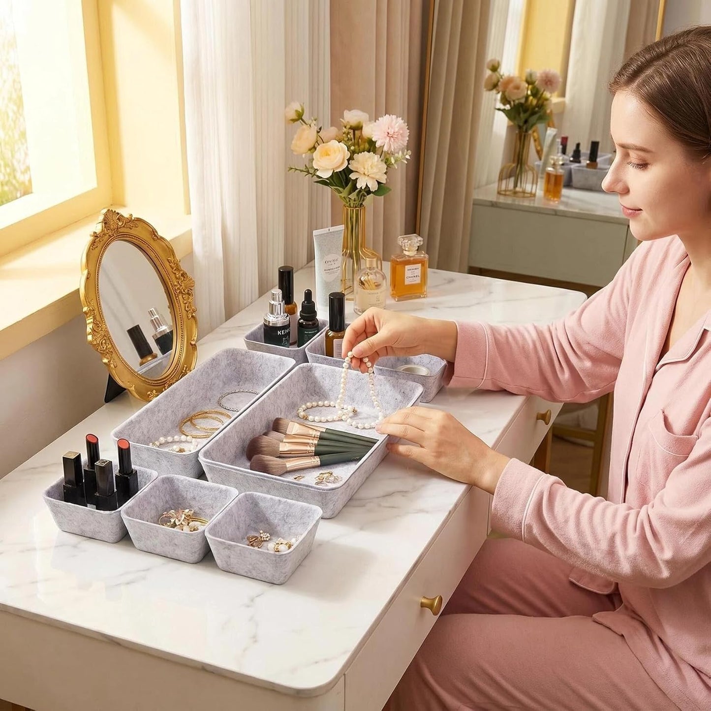 Desk Drawer Organizer Bins, 8pcs Felt Shallow Bathroom Storage Trays, Office Accessories & Workspace Organizers Jewelry & Makeup Boxes Containers(Black)
