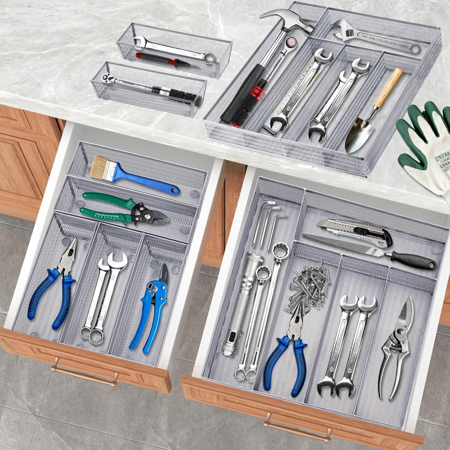 Neudeco Drawer Organizer Set 6 Pack - 5-Compartment Silverware Organizer Tray + 5 Utensil Trays, Kitchen Drawer Organizer for Flatware, Cutlery, Office Supplies, Black Mesh, Non-Slip.