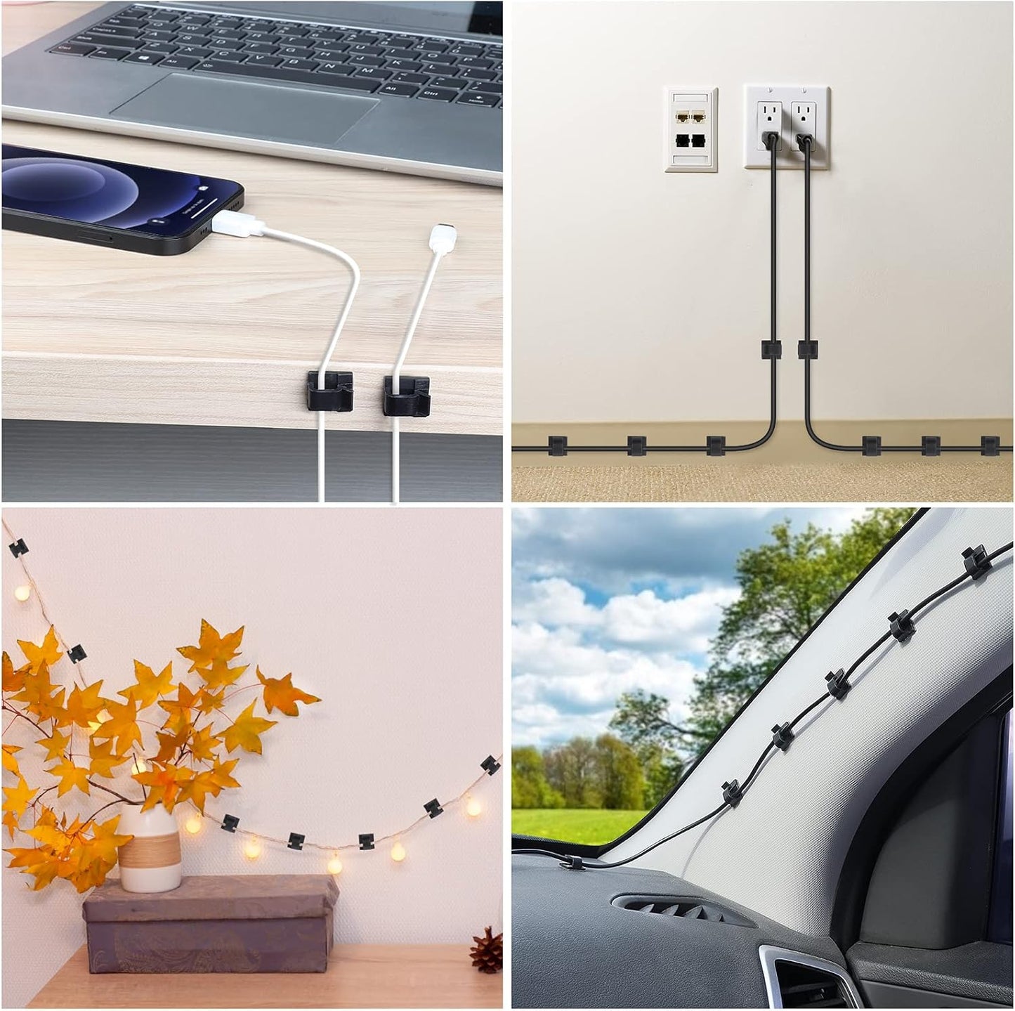 100 PCS Cable Clips, Upgraded Adhesive Cord Clips for Wires on Wall, Strong Wire Holders Cord Organizer for Cable Management, Christmas Lights, USB, Phone Charger, Cat 6, Car Dash Cam (Small, Clear)