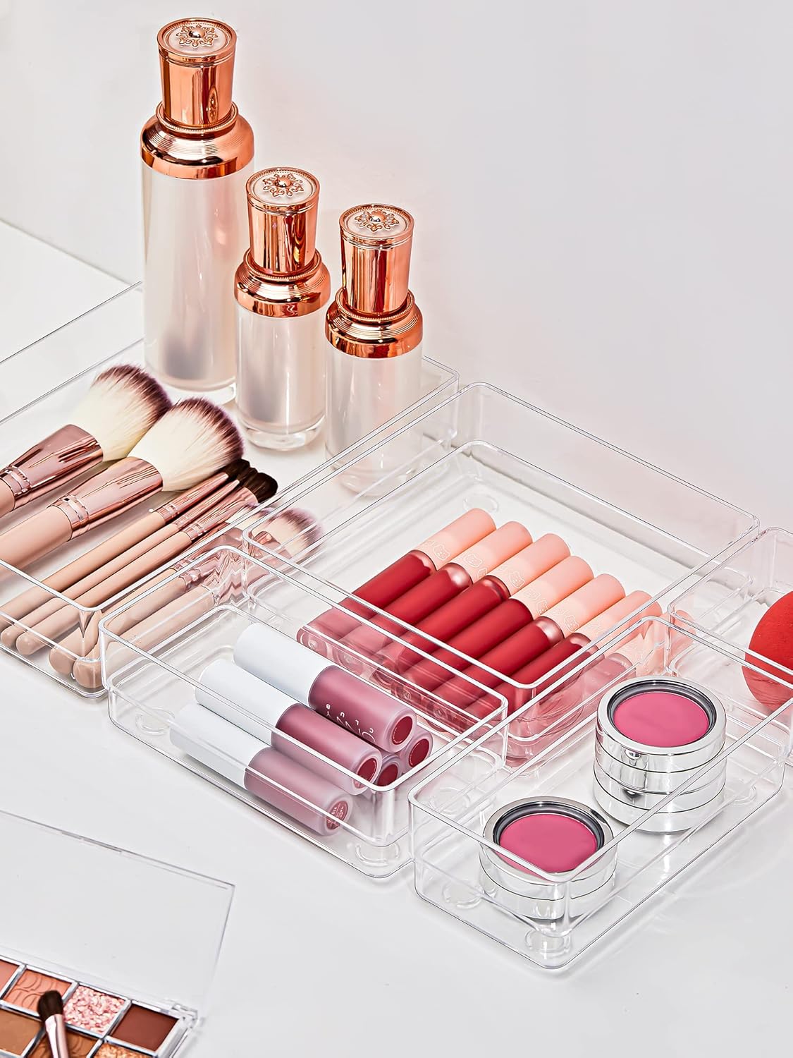 SMARTAKE 22-Piece Drawer Organizer with Non-Slip Silicone Pads, 4-Size Clear Desk Drawer Organizer Trays Storage Tray for Makeup, Jewelries, Utensils in Bedroom Dresser, Office and Kitchen, Clear