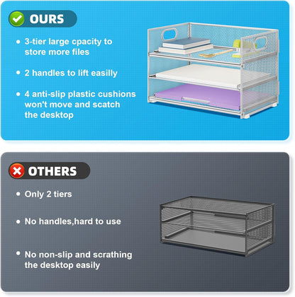 Marbrasse 3 Tier Paper Organizer Letter Tray, Mesh File Organizer with Handle, Paper Sorter Desk Organizer for Home Office Supplies