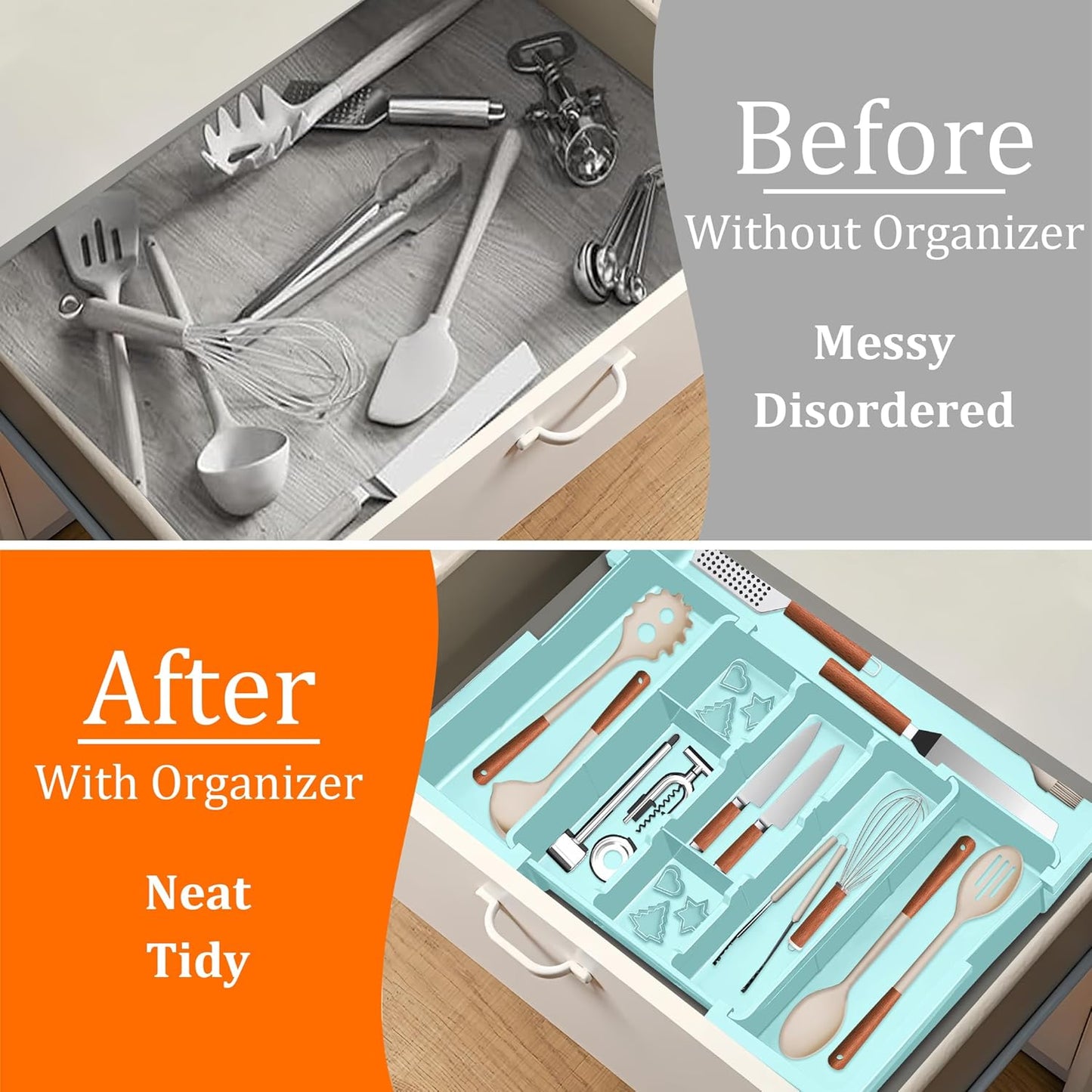 Spaclear Large Utensil Drawer Organizer Expandable Silverware Organizer for Kitchen Drawer Adjustable Cooking Utensil Holder Cutlery Flatware Tray Spatula Tools Gadgets Storage Dividers Plastic Black