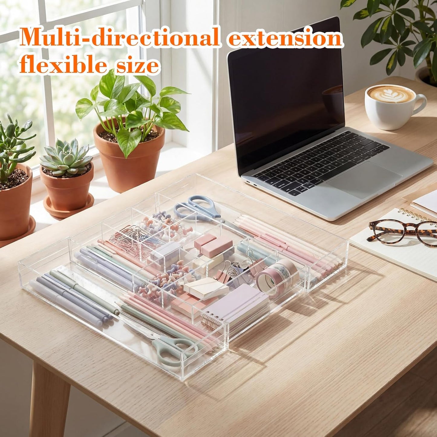 Briwooody 1 Pcs Acrylic Desk Drawer Organizer 9'' up to 16'' x 12'' x 2.2'' Expandable Drawer Organizer Trays with 10 Adjustable Compartments Clear Desk Accessories for Makeup Office Bathroom