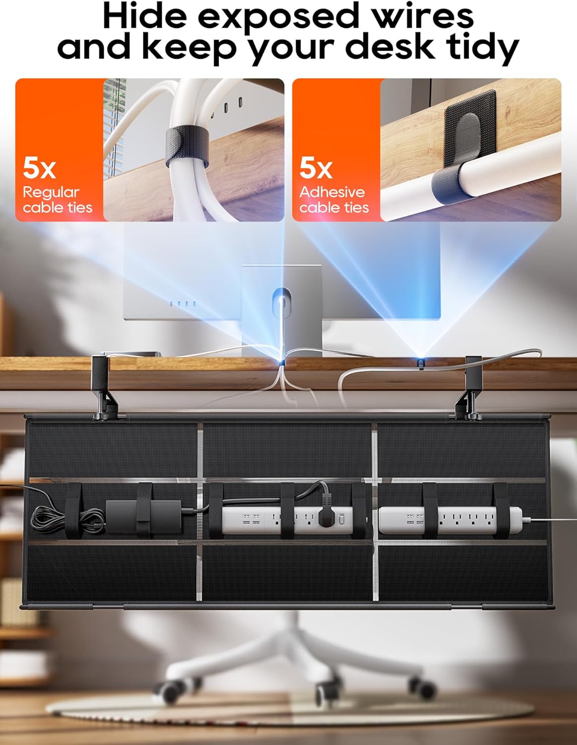 Under Desk Cable Management Tray No Drill, Cable Ties Included, Eco-Friendly Canvas Material, Mesh Design for Heat Dissipation, Cable Organizer/Storage for Standing Desk(27inch, Black)